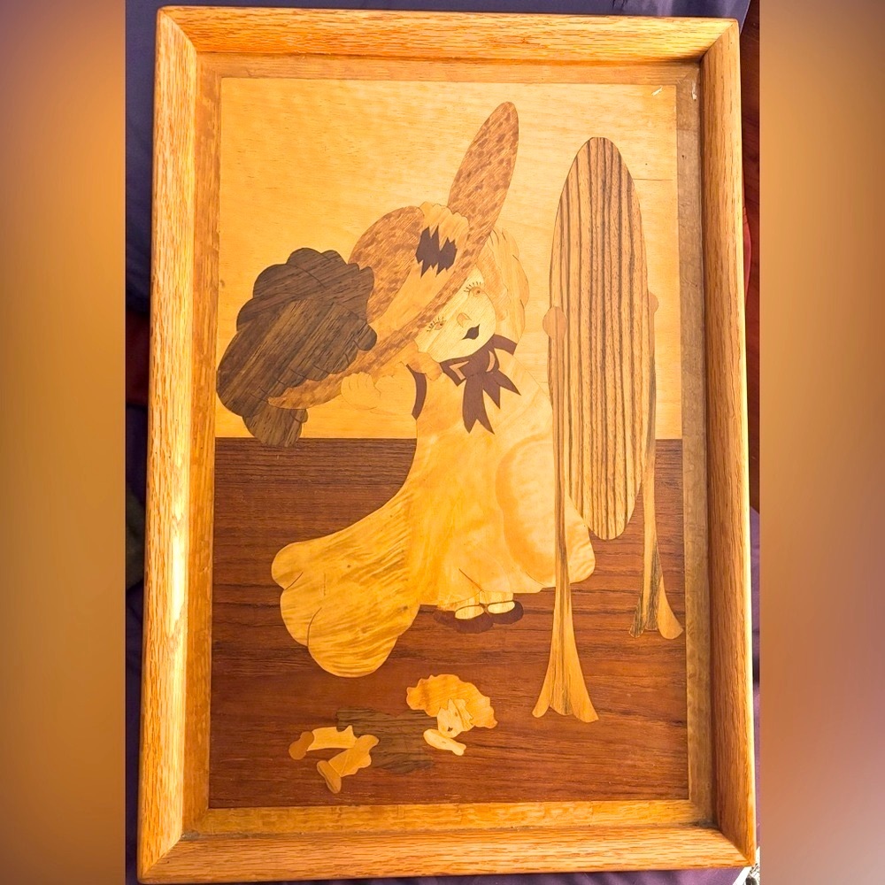Antique Inlaid Marquetry little girl playing dress up in front of mirror